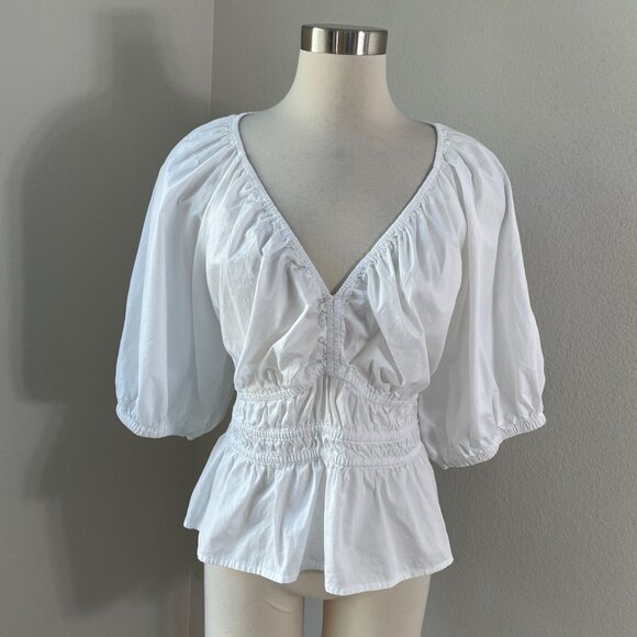 Old Navy Womens Plus 2X White Blouse V Neck Puff Sleeve Cotton Shirt - Picture 1 of 8